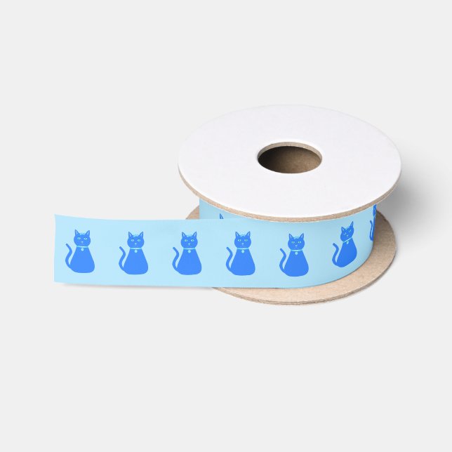 Cute Blue Baby Boy Cat Patterned Baby Shower Satin Ribbon (Spool)