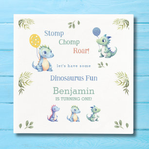 Cute Blue Baby Boy Dinosaur 1st Birthday Party Napkin