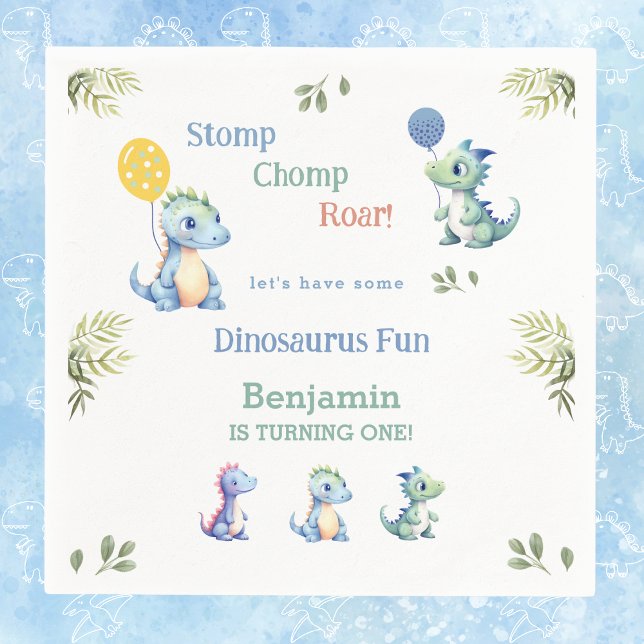 Cute Blue Baby Boy Dinosaur 1st Birthday Party Napkin (Creator Uploaded)