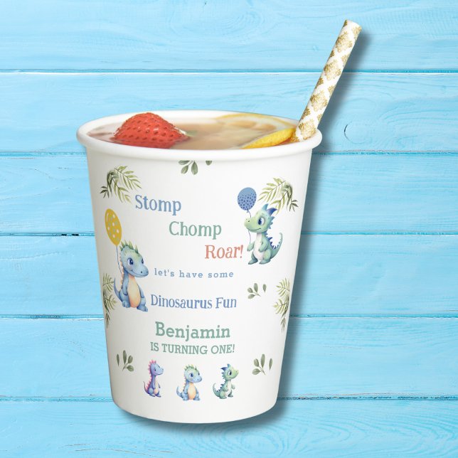 Cute Blue Baby Boy Dinosaur 1st Birthday Party Paper Cups (Creator Uploaded)