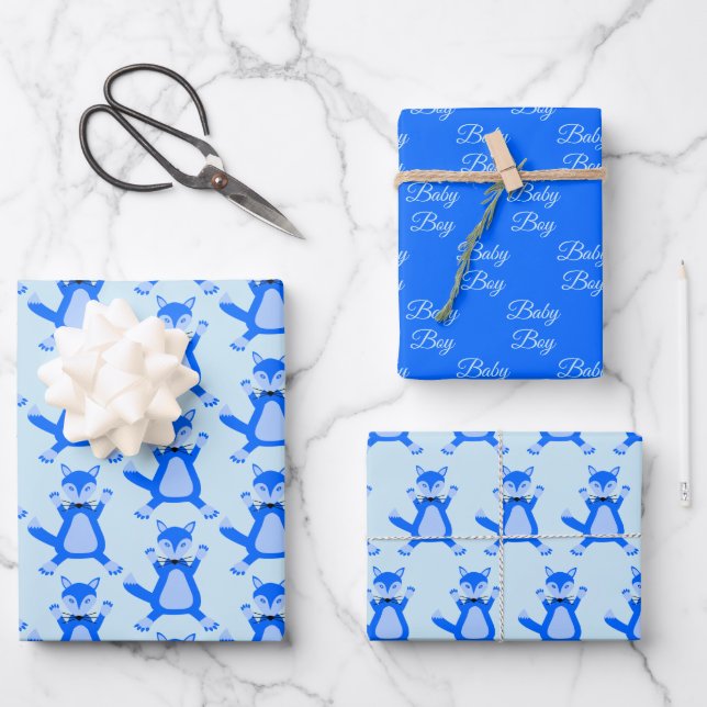 Cute Blue Baby Boy Fox Baby Shower Patterned Wrapping Paper Sheet (Front)
