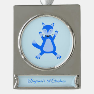 Cute Blue Baby Boy Fox Custom First Christmas Silver Plated Banner Ornament