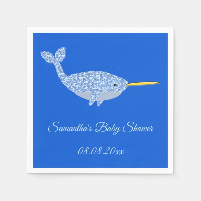 Cute Blue Baby Boy Narwhal Baby Shower Custom Napkin (Front)