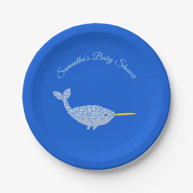 Cute Blue Baby Boy Narwhal Baby Shower Custom Paper Plate (Front)