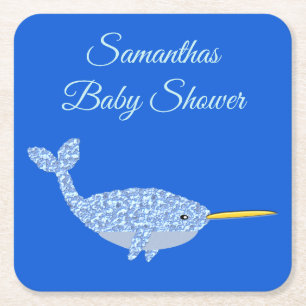 Cute Blue Baby Boy Narwhal Baby Shower Custom Square Paper Coaster