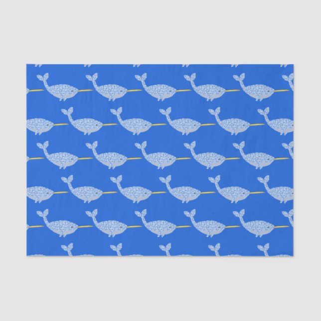 Cute Blue Baby Boy Narwhal Baby Shower Patterned Tissue Paper (Front)