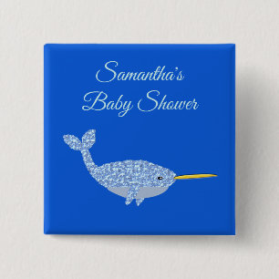 ]Cute Blue Baby Boy Narwhal Custom Baby Shower 15 Cm Square Badge