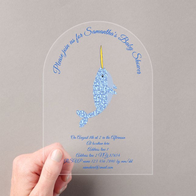 Cute Blue Baby Boy Narwhal Custom Baby Shower Acrylic Invitations (Insitu (Handheld))