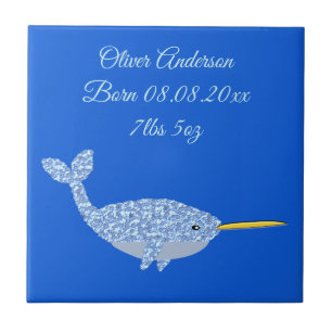 Cute Blue Baby Boy Narwhal Custom Birth Ceramic Tile