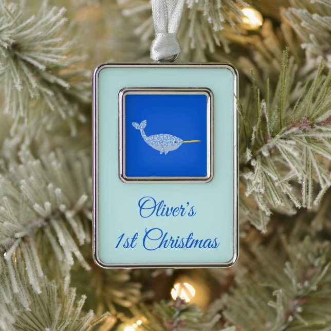 ]Cute Blue Baby Boy Narwhal Custom First Christmas Silver Plated Framed Ornament (Tree)