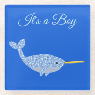 Cute Blue Baby Boy Narwhal Custom Gender Reveal Glass Coaster