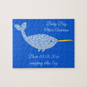 Cute Blue Baby Boy Narwhal Custom New Baby Jigsaw Puzzle