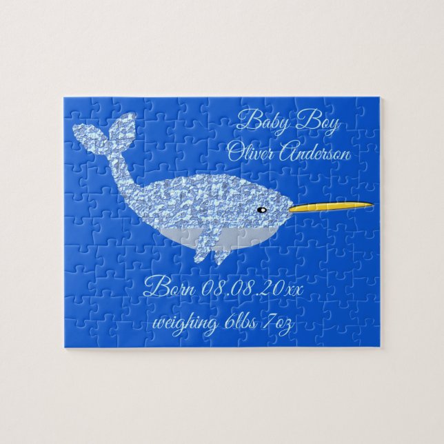 Cute Blue Baby Boy Narwhal Custom New Baby Jigsaw Puzzle (Horizontal)
