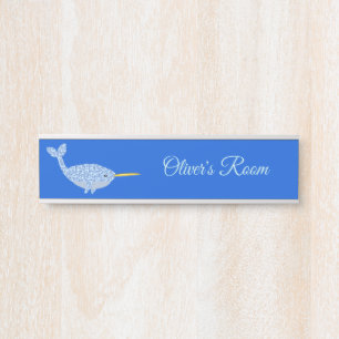 Cute Blue Baby Boy Narwhal Custom Nursery Door Sign