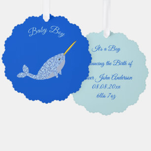 Cute Blue Baby Boy Narwhal Custom Tree Decoration Card