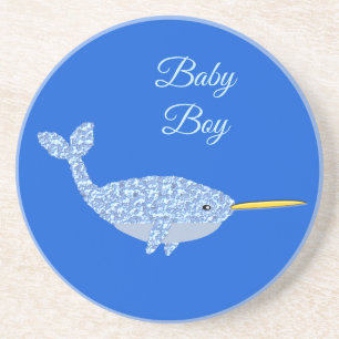 Cute Blue Baby Boy Narwhal Gender Reveal Custom Coaster