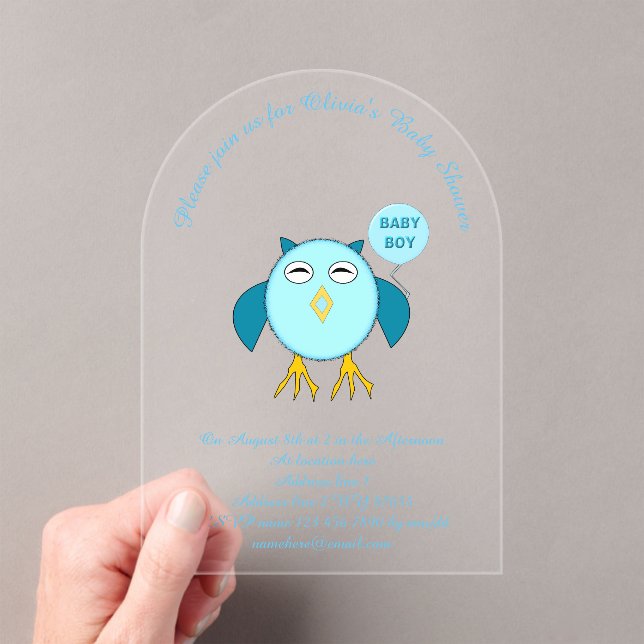 Cute Blue Baby Boy Owl Custom Baby Shower Acrylic Invitations (Insitu (Handheld))