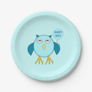 Cute Blue Baby Boy Owl Paper Party Plates