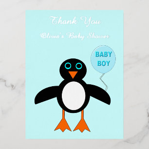 Cute Blue Baby Boy Penguin Custom Baby Shower Foil Holiday Postcard