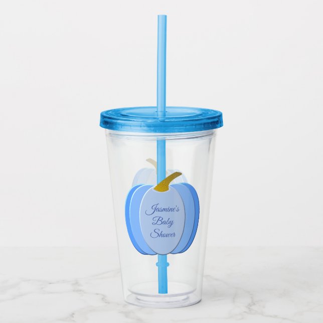 Cute Blue Baby Boy Pumpkin Custom Baby Shower Acrylic Tumbler (Front)
