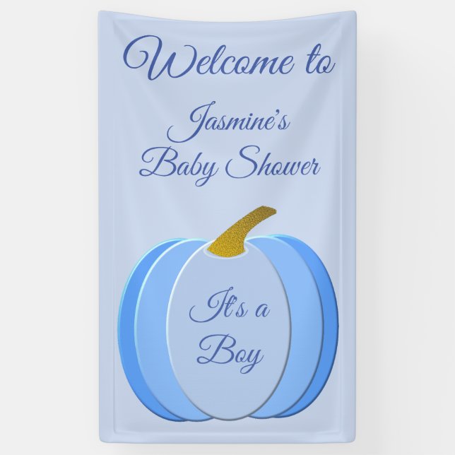 Cute Blue Baby Boy Pumpkin Custom Baby Shower Banner (Vertical)