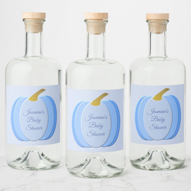Cute Blue Baby Boy Pumpkin Custom Baby Shower Liquor Bottle Label (Bottles)