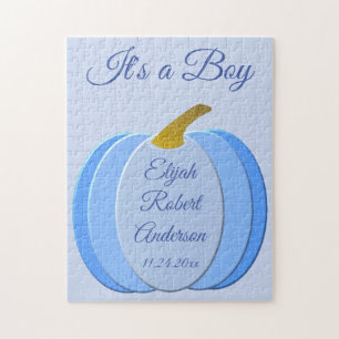 Cute Blue Baby Boy Pumpkin Custom Birth Jigsaw Puzzle
