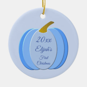 Cute Blue Baby Boy Pumpkin Custom First Christmas Ceramic Ornament