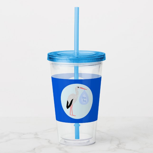 Cute Blue Baby Boy Stork Acrylic Tumbler (Front)
