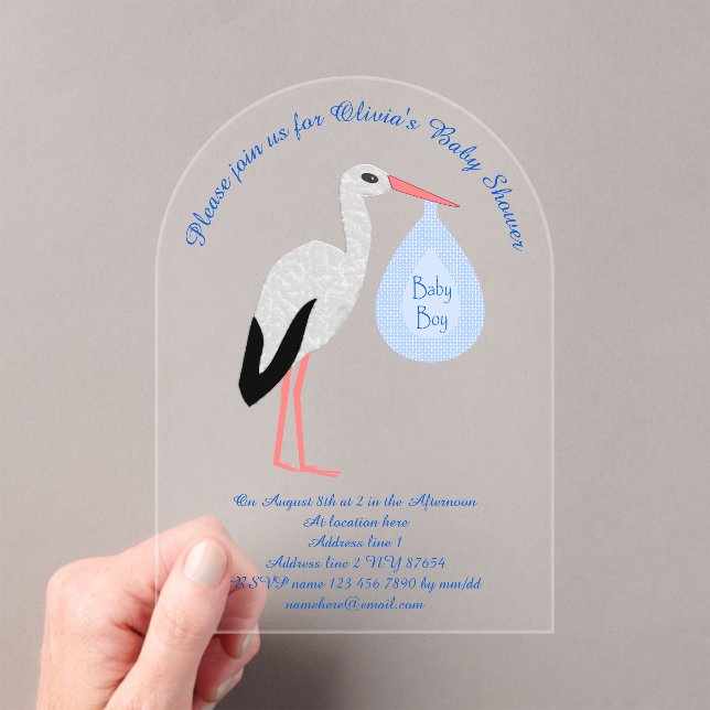 Cute Blue Baby Boy Stork Baby Shower Custom Acrylic Invitations (Insitu (Handheld))