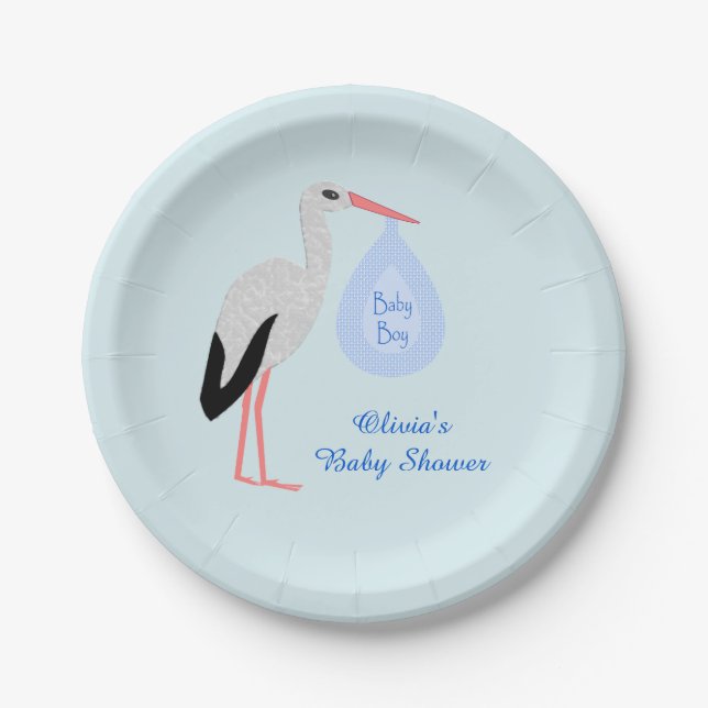 Cute Blue Baby Boy Stork Baby Shower Custom Paper Plate (Front)