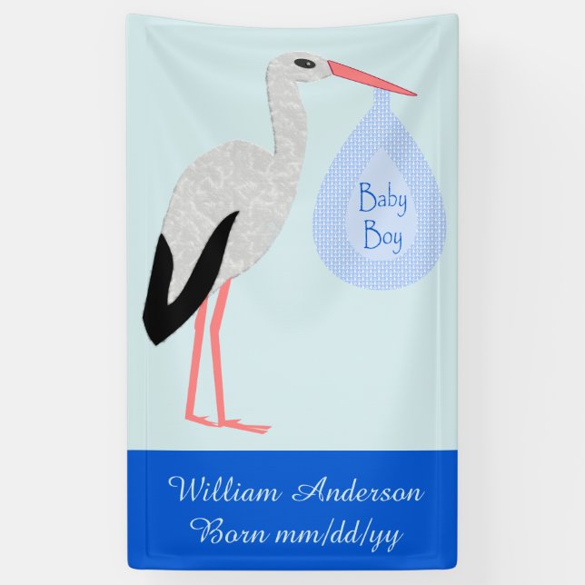 Cute Blue Baby Boy Stork Birth Announcement Banner (Vertical)