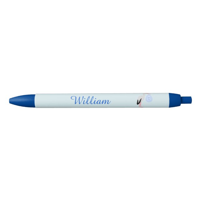 Cute Blue Baby Boy Stork Custom Blue Ink Pen (Front)