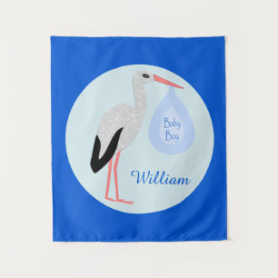 Cute Blue Baby Boy Stork Custom Tapestry
