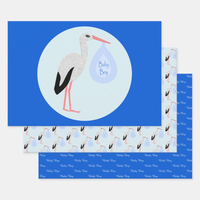Cute Blue Baby Boy Stork Custom Wrapping Paper Sheet (Set)