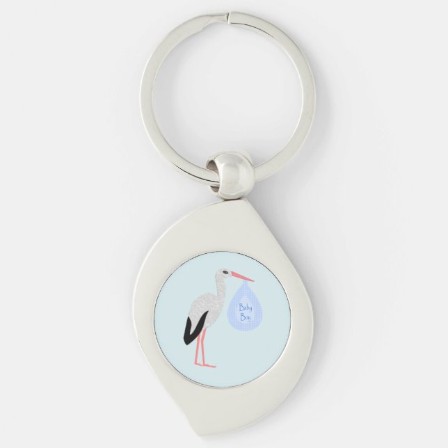Cute Blue Baby Boy Stork Key Ring (Front)