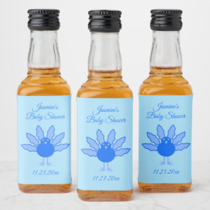 Cute Blue Baby Boy Thanksgiving Turkey Baby Shower Liquor Bottle Label