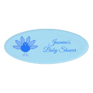 Cute Blue Baby Boy Thanksgiving Turkey Baby Shower Name Tag