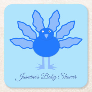 Cute Blue Baby Boy Thanksgiving Turkey Baby Shower Square Paper Coaster
