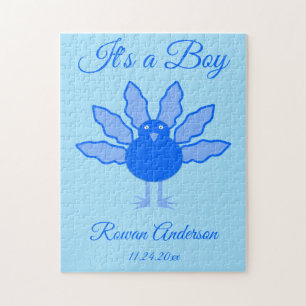 Cute Blue Baby Boy Thanksgiving Turkey Birth Jigsaw Puzzle