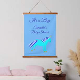 Cute Blue Baby Boy Unicorn Custom Baby Shower Hanging Tapestry
