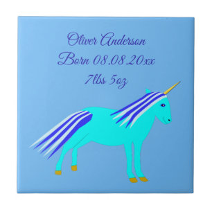 Cute Blue Baby Boy Unicorn Custom Birth Ceramic Tile