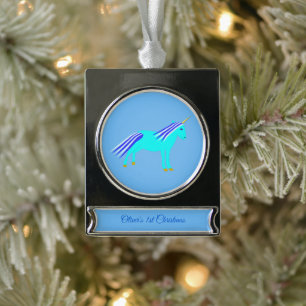 Cute Blue Baby Boy Unicorn Custom First Christmas Silver Plated Banner Ornament