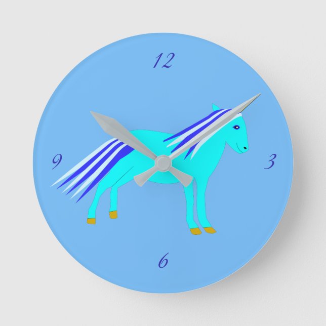 Cute Blue Baby Boy Unicorn Nursery Round Clock (Front)