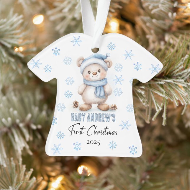 Cute Blue Baby Boy's 1st Christmas Brown Bear Ornament (Creator Uploaded)