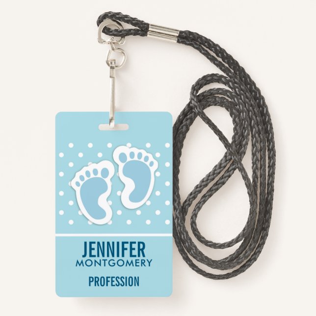 Cute Blue Baby Boy's Feet Illustration ID Badge (Front with Lanyard)