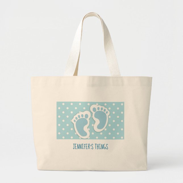 Cute Blue Baby Boy's Feet Illustration Large Tote Bag (Front)