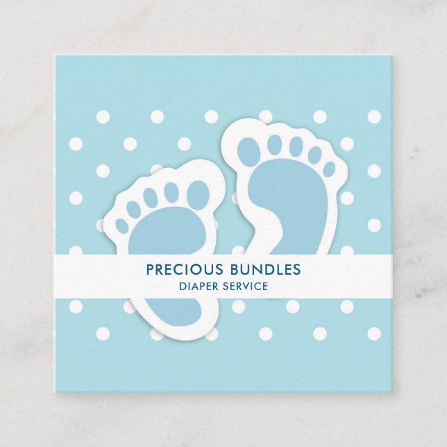 Cute Blue Baby Boy's Feet Illustration Square Business Card (Front)