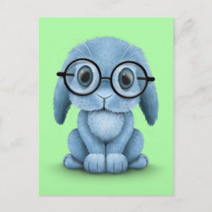 Cute Blue Baby Bunny Wearing Glasses on Green Postcard