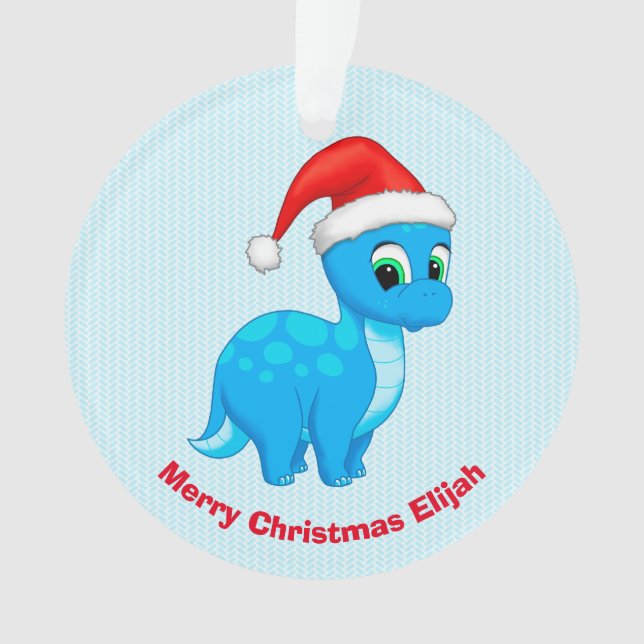 Cute Blue Baby Dinosaur with Santa Hat Ornament (Front)